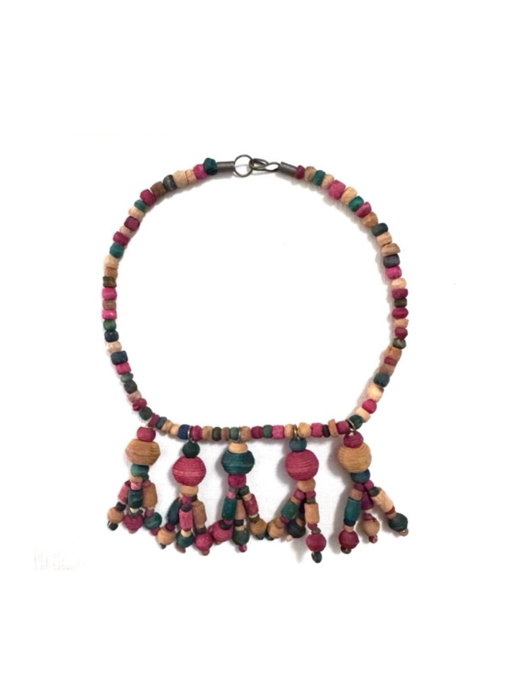 NWT Boho Handmade Wooden Bead Fringe Collar Necklace
